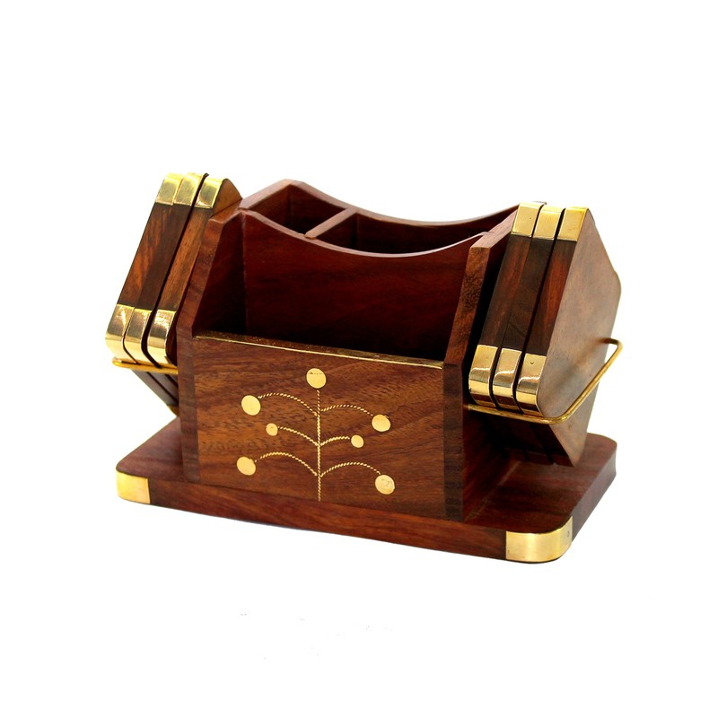 StonKraft Wooden Rosewood Desk Organiser, Coaster/Coasters Set, Pen Stand, Business