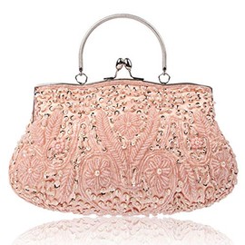 KISSCHIC Vintage Beaded Sequin Design Clutch Purse for Women Evening Bag (Pink)