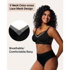 As Fairy Womens Wireless Bras V Lace Floral Mesh No Underwire Full Coverage Seamless Comfortable Tshirt Everyday Bras (Black Floral,L)