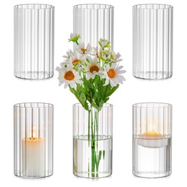 Glasseam Glass Cylinder Vases for Centerpieces: 6pcs Clear Ribbed Flower Vases for Pillar Candle - 6 Inch Modern Hurricane Floating Candle Holder for Wedding Table Centerpieces Living Room Home Decor