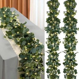 Guirnalda de eucalipto con luces, 2 paquetes de guirnalda de flores verdes de 6 pies, decoración de hojas de eucalipto artificiales y enredaderas para camino de mesa, centros de mesa de boda