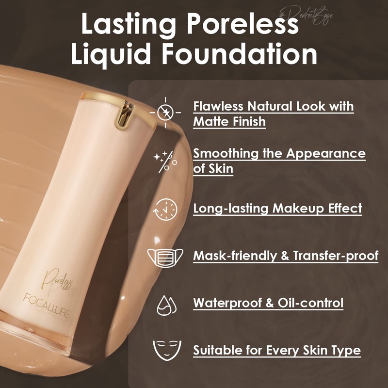 FOCALLURE PerfectBase Lasting Poreless Liquid Foundation, Medium to Full Coverage