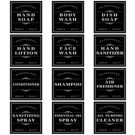 Bathroom Labels for Bottles 12 PCS Waterproof Minimalist Organization Removable Labels for Kitchen Hand Soap Dish Soap Body Wash(Black)
