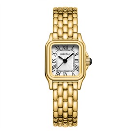 CHEETAH Watches for Women with Small Vintage Bracelet, Gold White Face, Rectangular Case, Roman Dial