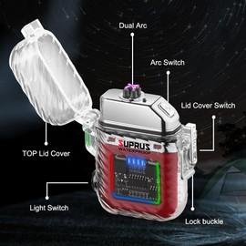 SUPRUS - Encendedor luminoso con 3 modos de linterna resistente al viento, impermeable, encendedor eléctrico, recargable, doble arco de plasma con silbato de emergencia y cordón (rojo)