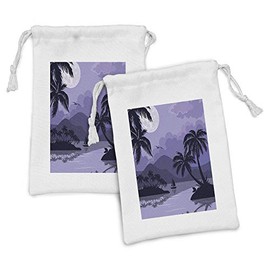 Ambesonne Tropical Fabric Pouch Set of 2, Caribbean Island Landscape at Night Full Moon Sailboat and Palm Trees, Small Drawstring Bag for Toiletries Masks and Favors, 9" x 6", Black Lavender White
