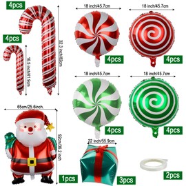 28pcs Christmas Foil Balloons, Christmas Balloons Set with 2 Ribbons Candy Cane Christmas Balloons Christmas Birthday Party Decorations for Candies Theme Party Decorations (10 Styles)