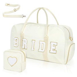 Bride Bag 2 Pcs Wedding Weekender Bag Groom Duffel Bag Nylon Chenille Letter Embroidered Travel Bag Carry On Overnight Bag with Shoes Compartment and Toiletry Bag Bridal Shower Gifts (White, Bride)