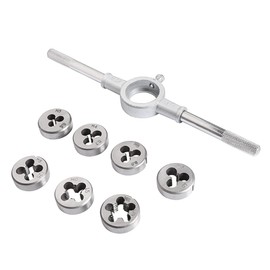 TOP-VIGOR 8pcs Round Die Stock Handle Wrench Set, M3 M4 M5 M6 M8 M10 M12 Metric Threading Dies & 25mm (1") Die Holder for DIY, Repair, Cutting External and Internal Thread