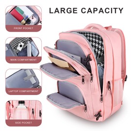 Travel Backpack for Women, 50L Carry On Backpack, Extra Large Expandable Travel Bag, 17 Inch TSA Flight Approved Luggage Travel Backpack Personal Item Size with USB, Teacher Traveling Backpack, Pink