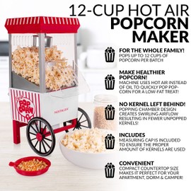 Nostalgia OFP521 Vintage Healthy Hot-Air Tabletop Popcorn Maker, Makes 12 Cups, with Kernel Measuring Scoop, Oil Free, Perfect for Birthday Parties, Movie Nights – Candy Stripe, White/Red