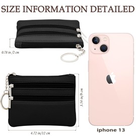 Small Coin Purse, Leather Wallet, Credit Card Purse with Three compartments, Zipper, Key Ring, Small Purse, Business Card, Mini Wallet for Women, Black, (N1-DWXG-B11E)