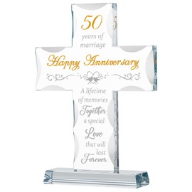 50th Wedding Anniversary Religious Gifts for Parents, Laser Engraved Glass Standing Cross for Couple Wife Husband Dad Mom, 50 Years Aniversary Decorations for Home Party