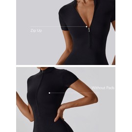 Ecupper Jumpsuit Women's Short Sleeve Sports Cosy Bodycon with Zip One-Piece Romper, black, M