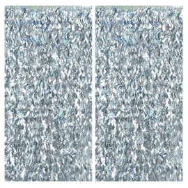Suaxova 2 Pack Silver Wavy Foil Fringe Curtains, 3.3x6.6 Ft Metallic Tinsel Wavy Backdrop Party Decorations Door Silver Streamers for Birthday Wedding Engagement Decor,Party Supplies