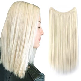 iLUU 22" 80g Long Natural Straight Hairpiece #60 Platinum Blonde Color Hidden Fishing Line Secret String Synthetic Heat Resistent Fibre Hair Extensions with Transparent Fish Line for Party Daily Use