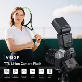 Godox V480F V480 TTL Flash Speedlite for Fuji, GN50 2.4G 1/8000S HSS Flash Speedlite Touchscreen, 650 Full Power Flashes, 1.7s Recycle Time, LED Model Lamp