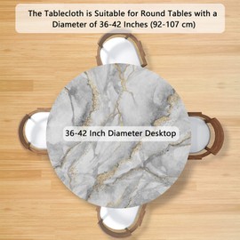 Mantel redondo con textura de mármol de oro blanco, con bordes elásticos, respaldo de poliéster, reutilizable, ajustable, impermeable, resistente a las manchas para interiores, fiestas, cocina, patio, comedor, 36-42 pulgadas