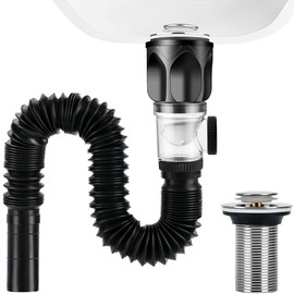 Sink Drain Fitting Kit, Drain Pipe Kit with Pop-Up Drain Plug and Flexible Drain Hose, Siphon Sink Kits for Bathroom, Toilet, Kitchen Sink, 300-1000 mm Can Be Extended