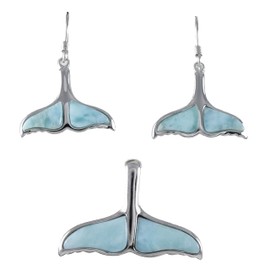 Unique Hawaiian Genuine Larimar Whale Tail Earring and Necklace, Sterling Silver Larimar Whale Tail Pendant, N8445S Birthday Mother Mom Gift