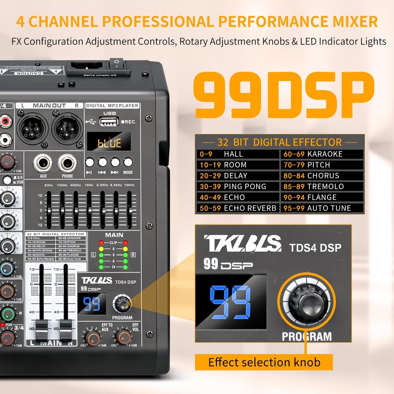 TKLBLS Audio Mixer, 4 Channel Sound Board Mixing Console with