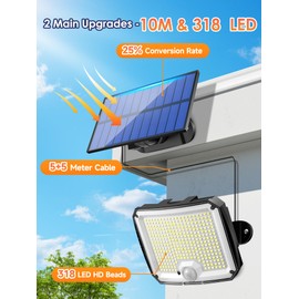 PIKOY Solar Flood Lights Outdoor [318LED/10M/5 Modes] Solar Motion Lights Outdoor,Remote Security Lights Motion Outdoor,IP65 Solar Lights Outdoor Waterproof,Solar Security Lights Garden/Garage-2 Packs