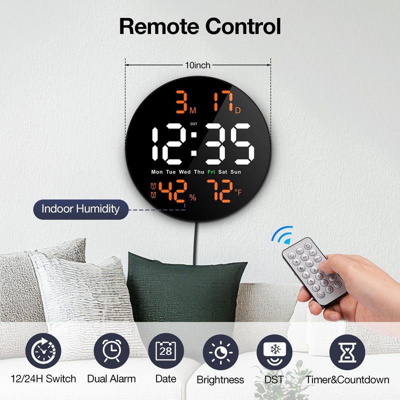 Brauthon Digital Wall Clock for Classroom, Garage, Game Room, Large
