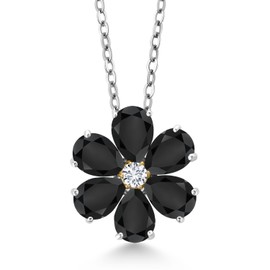 Gem Stone King 925 Silver and 10K Yellow Gold Onyx and Diamond Pendant Necklace For Women