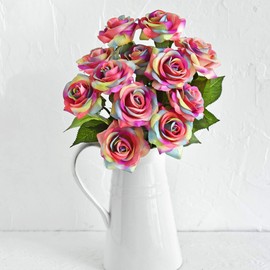 FiveSeasonStuff Fake Roses Wedding Flowers Real Touch Silk Rainbow Artificial Flowers 12 Stems