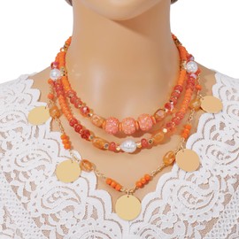 BERYOHZ Royal Multi-Layer Glass Pendant Bib Necklace Summer Boho Choker Gift for Women(BN-0075-Orange)