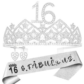 HnoonZ 16th Birthday,16th Birthday Tiara and Sash,16th Birthday Sash,16th Birthday Crown,16 and Fabulous Decorations,16th Birthday Gifts Teen Girls,16th Birthday Decorations,16 Years Old Girls