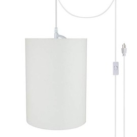 Aspen Creative, White, 71261-21 One Plug-in Swag Pendant Light Conversion Kit with Transitional Drum Fabric Lamp Shade, 8" Width