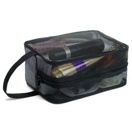 CINDALOG Portable Mesh Shower Caddy Bag, Shower Toiletry Organizer Tote Mesh Bag, Hanging Toiletry Bath Organizer for Gym Travel Camping College Dorm Room Bathroom, Black, Black, Mesh Shower