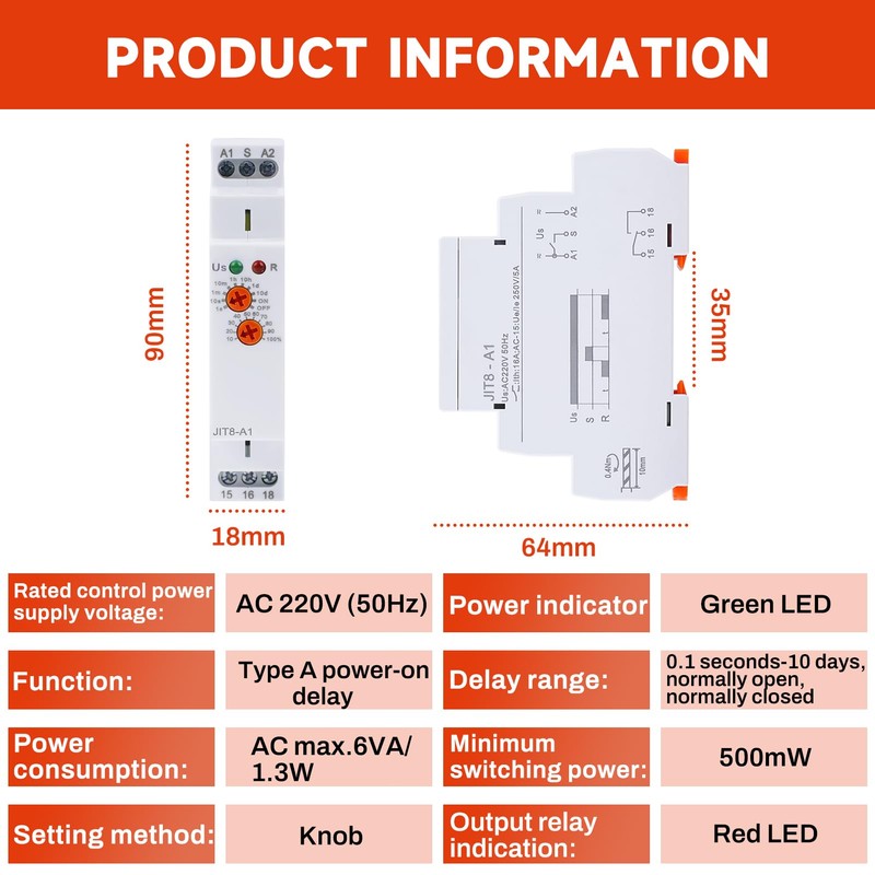 Jadeshay Delay Time Relay, JIT8-A1 Single Function Switch-on Time Relay