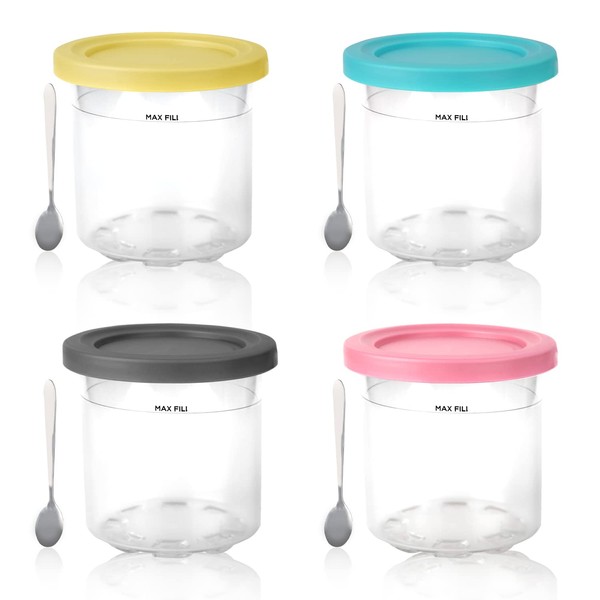 4pcs Ice Cream Pint Containers, Containers Replacement for Ninja Creami Pints Ice Cream Containers with Lids for Omnikit with 4 Spoons Compatible with NC301 NC300 NC299AMZ Ice Cream Maker