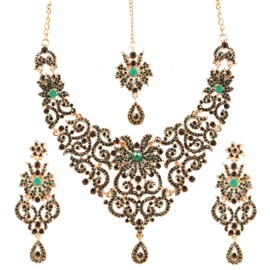Touchstone Indian Jewelry Sets for Women Bollywood Wedding Bridal Necklace desi Earrings Formal Fancy Rhinestone India Designer Jewellery Punjabi Tikka Set in Antique Gold or Silver or White Tone,
