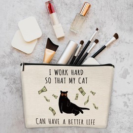 I Work Hard So That My Cat Can Have a Better Life Novelty Black Cat Makeup Bag Set Gifts for Cat Lover Cat Owner, Cat Themed Gifts for Women Sister, Christmas Birthday Mothers Day Gifts for Cat Mom
