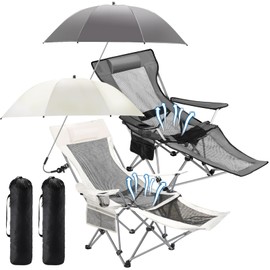 Yuntau 2 Set Reclining Beach Chair and Umbrella for Adults, Outdoor Camping Foldable Sand Chairs with Umbrella, SPF 50+, High Back, with Foot Rest, Cup Holder and Mesh Bag(Gray, Beige)