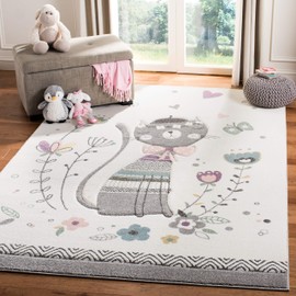 Safavieh Carousel Kids Collection Area Rug - 6'7" x 9', Ivory & Pink, Cat Design, Non-Shedding & Easy Care, Ideal for High Traffic Areas for Boys & Girls in Playroom, Nursery, Bedroom (CRK187A)