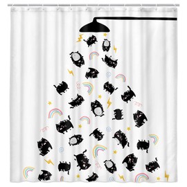 Cat Shower Curtain Funny Cute Cartoon Animal Raining Head Modern Cool Black Cat Rainbow Hilarious Lovely Bathroom Shower Curtains Waterproof Polyester Fabric Bathroom Hooks 71X71 Inch