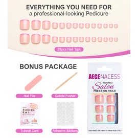 Aegenacess Toe Press on Nails Short Hot Pink French Tip Summer Fake Toenail Press Ons False Nail Pedicure Kit for Women 28pcs Squoval Shape in 14 Sizes (Hot Pink French Tip)