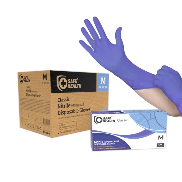 Safe Health Nitrile Imperial Blue Industrial Disposable Gloves, Medium, 3.5