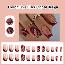 ANDGING French Tip Press on Nails Red Square Short Medium Fake Nails on Nails with Black Striped Floral Design 24Pcs Acrylic False Nails for Wedding Birthday Women Stick on Nail with AL887Q