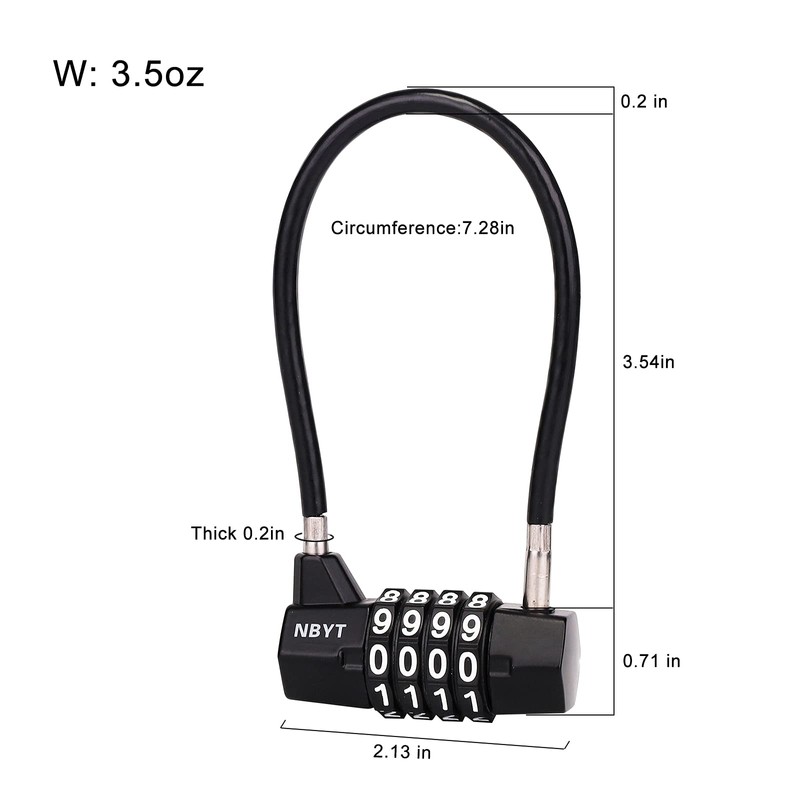 NBYT Combination Cable Lock, 3/16-Inch Steel Cable, 7-Inch Length, 4-Digit
