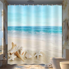 JAWO Starfish Beach Theme Shower Curtain Fabric, Tropical Sea Waves Seashell Conch Hawaiian Seaside Scene, Ocean View Cloth Shower Curtains No Smell with 12 Rustproof Grommet Holes, 69x70 Inches