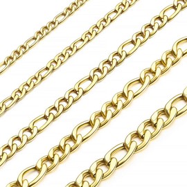 MOWOM Gold Color Cuban Link Chain Necklace Water Resistant Mens Stainless Steel Necklace For Women Boys Thin Figaro Necklace Chain With Gift Bag (6.0MM Wide, 20 Inches Long)