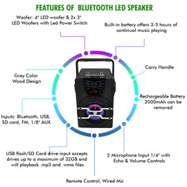 Technical Pro Portable 400 Watts Rechargeable Bluetooth Speaker with USB, SD Card, FM Radio & Karaoke Mic Inputs Perfect On-The-Go LED Speaker with 3-5 Hours Playtime - Mic and Remote Control Included