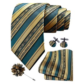 GUSLESON Teal Gold Tie for Wedding Mens Silk Striped Necktie Pocket Square Cufflinks and Lapel Pin Brooch Set (6108-56)