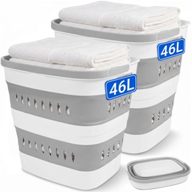 46L/12 Gal Collapsible Laundry Baskets, Foldable Hamper with Handles, Plastic Pop Up Storage Container for Laundry, Home, Dorm, Travel - Gray/White, Set of 2