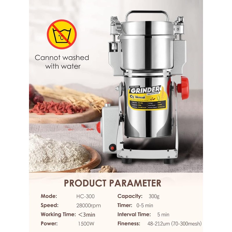 CGOLDENWALL 300g Electric Grain Grinder Mill Safety Upgraded 1500W High-speed